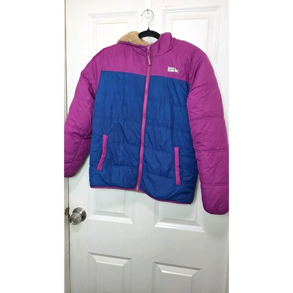 Eddie Bauer‎ Kids Reversible Hooded Jacket L (14/16) Purple & Blue Sherpa Lining